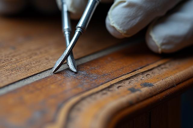 Feinwerkzeuge eines Restaurators bei der Arbeit an einem historischen Holzmöbelstück
