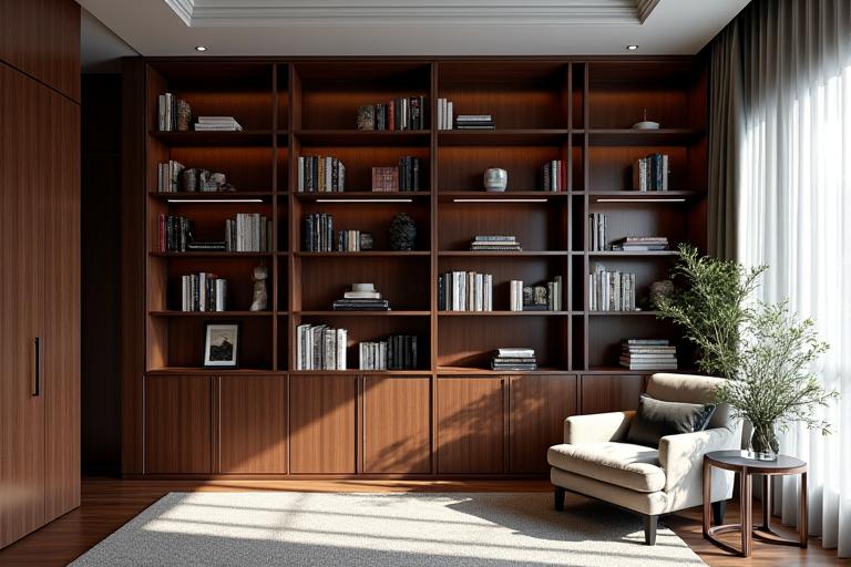 Eine maßgeschneiderte, eingebaute Bibliothek aus dunklem Holz, die sich nahtlos in einen Raum einfügt