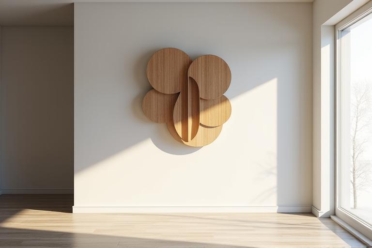 Eine moderne, abstrakte Holzskulptur, die als Kunstinstallation in einem stilvollen Interieur dient