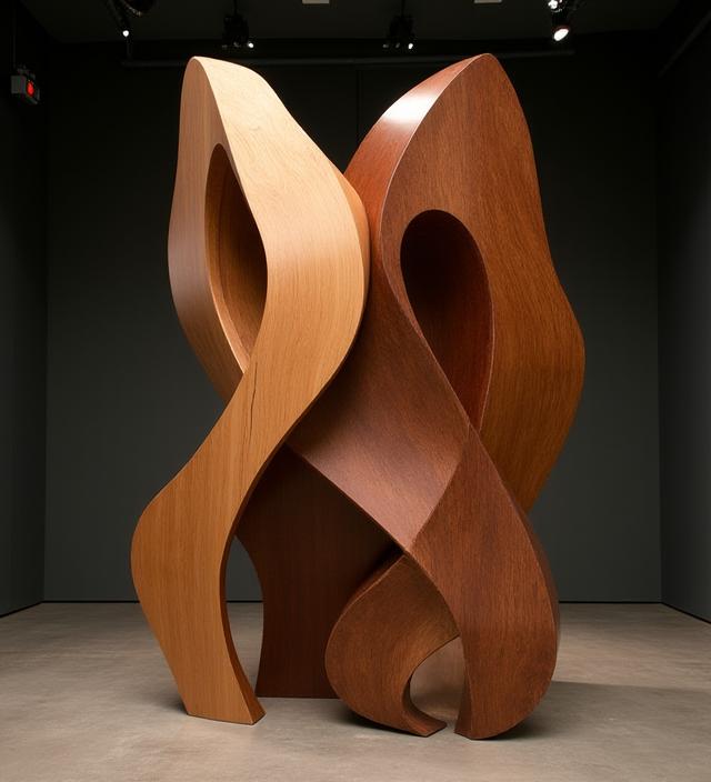 Abstrakte Kunstinstallation aus verschiedenen Holzarten