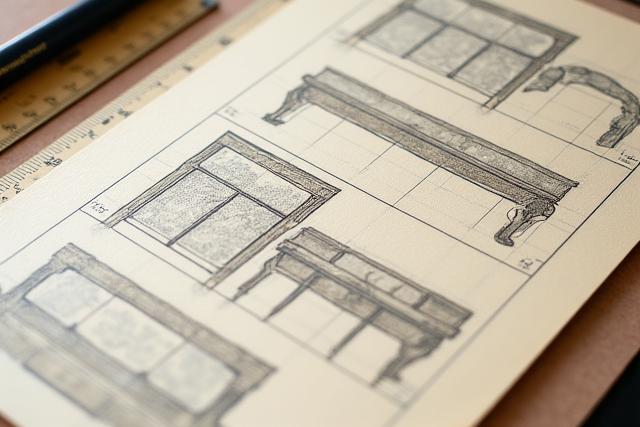 Nahaufnahme von Designskizzen für Art Déco Möbel auf einem Zeichentisch