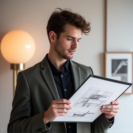 Porträt von Lukas Müller, einem jungen Designer mit Skizzen in der Hand