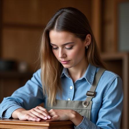 Porträt von Anna Schmidt, einer jungen Restauratorin, die ein altes Holzstück prüft