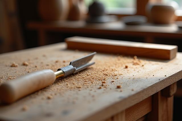 Nahaufnahme einer Hobelbank mit Holzspänen in einer traditionellen Tischlerwerkstatt